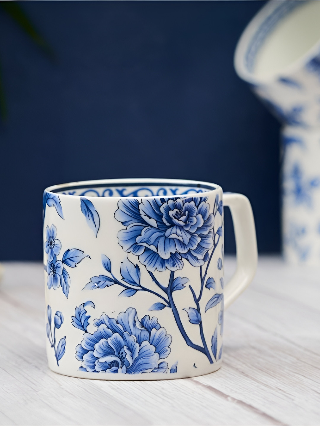 GOLDEN QUEEN'S Blue Floral Bone China Handmade 6 Piece Cups-200ml