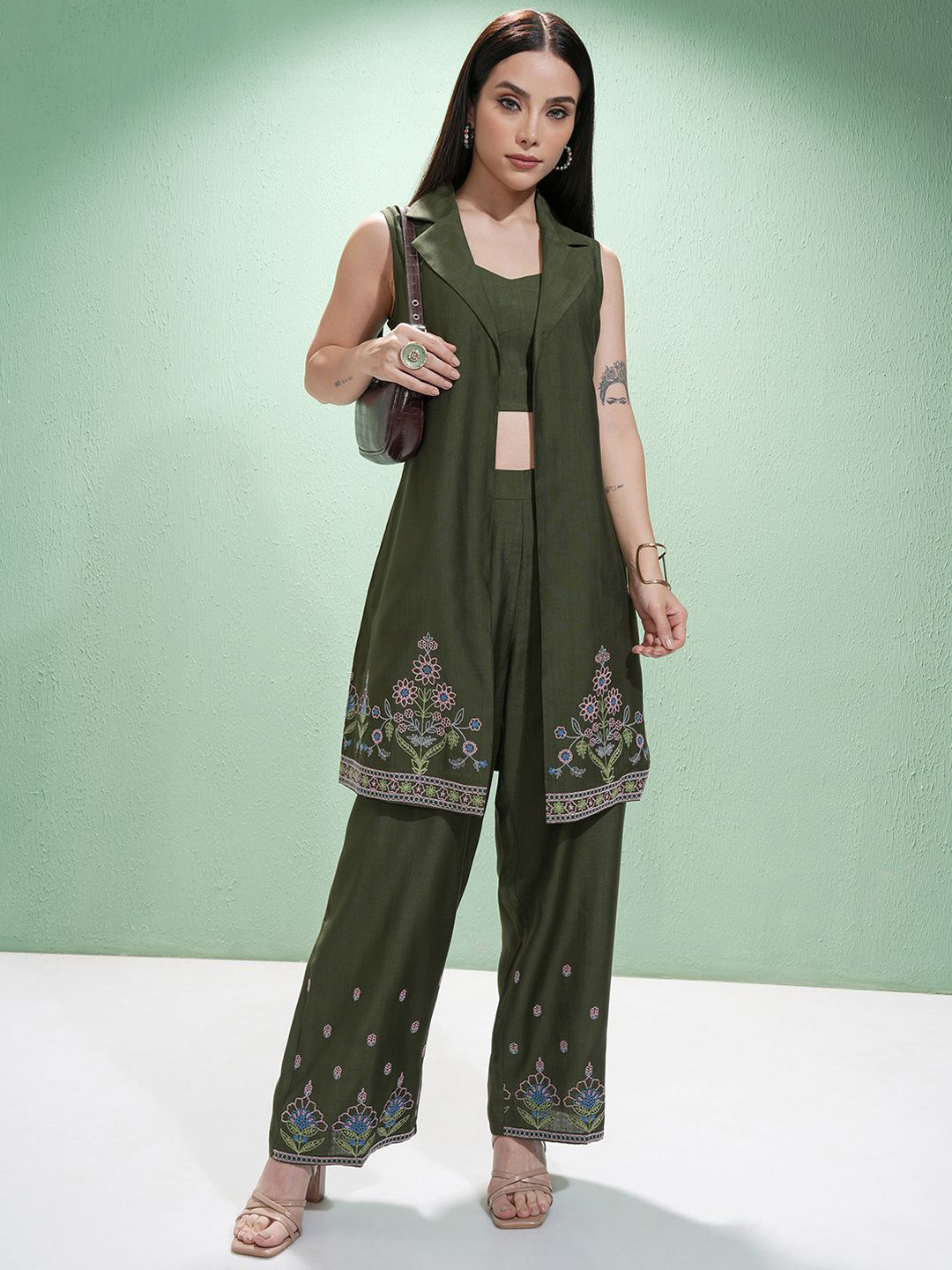 Vishudh Embroidered Jacket With Top & Trousers Co-Ord Set