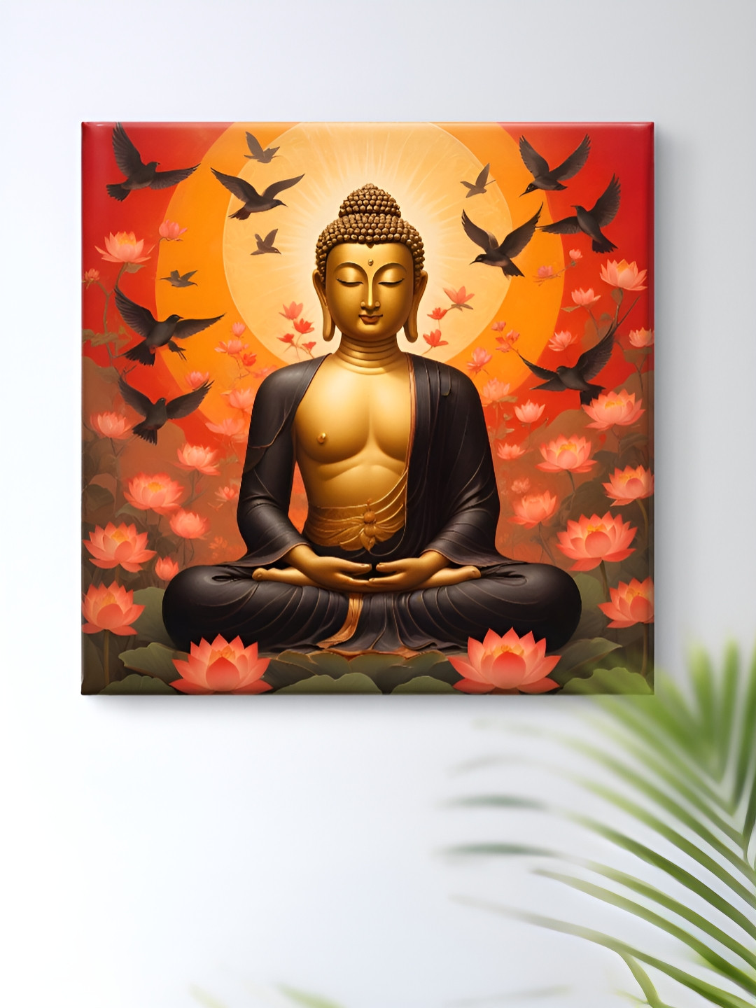 Myntra Elegant Homes Orange & Green Buddha Canvas Religious Wall Art