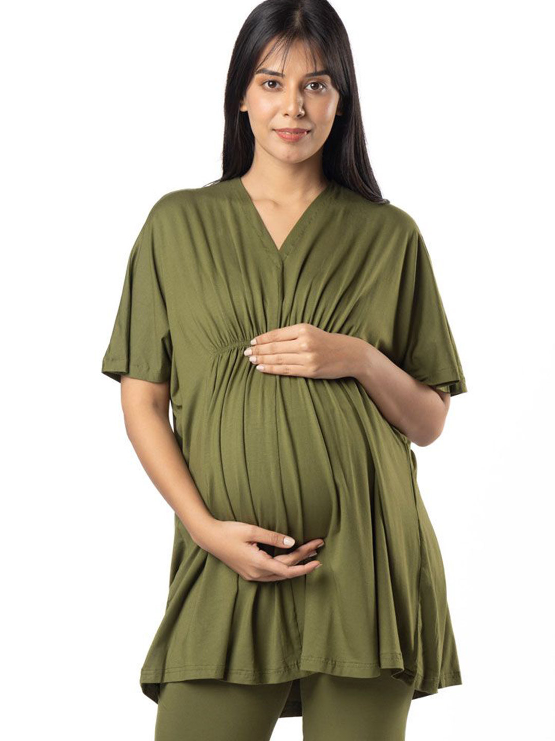 Block Hop Women Solid V-Neck Cotton Longline Kaftan Top