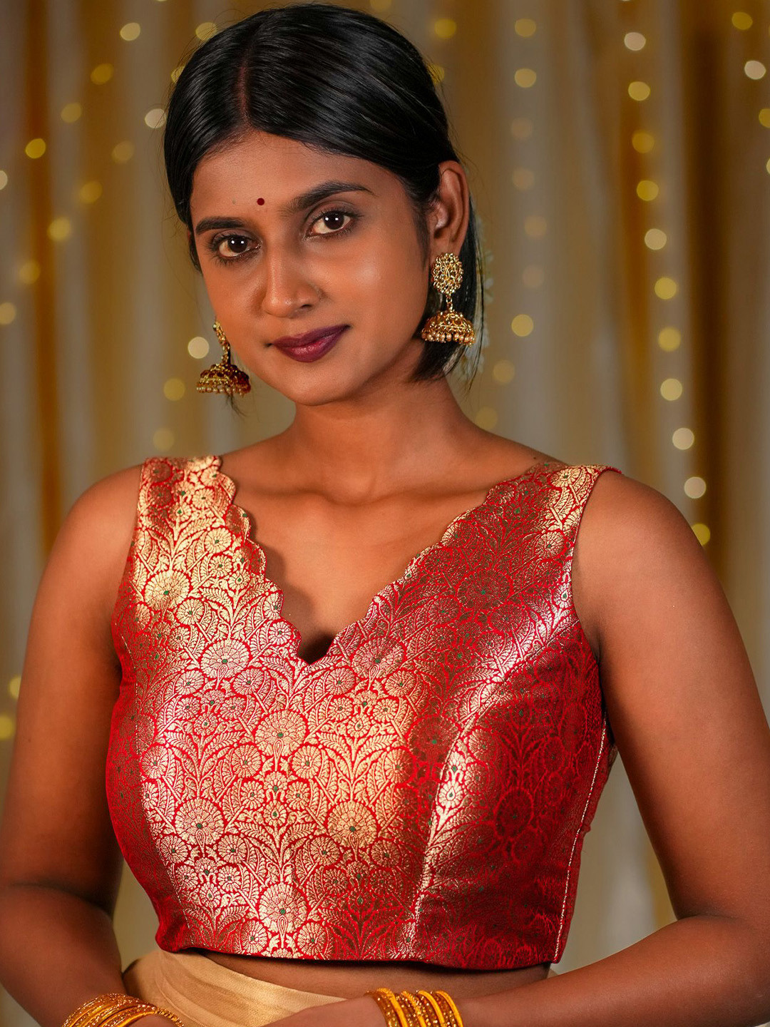 I LOVE SAREES Red Golden Scallop V-neck Banarasi Blouse