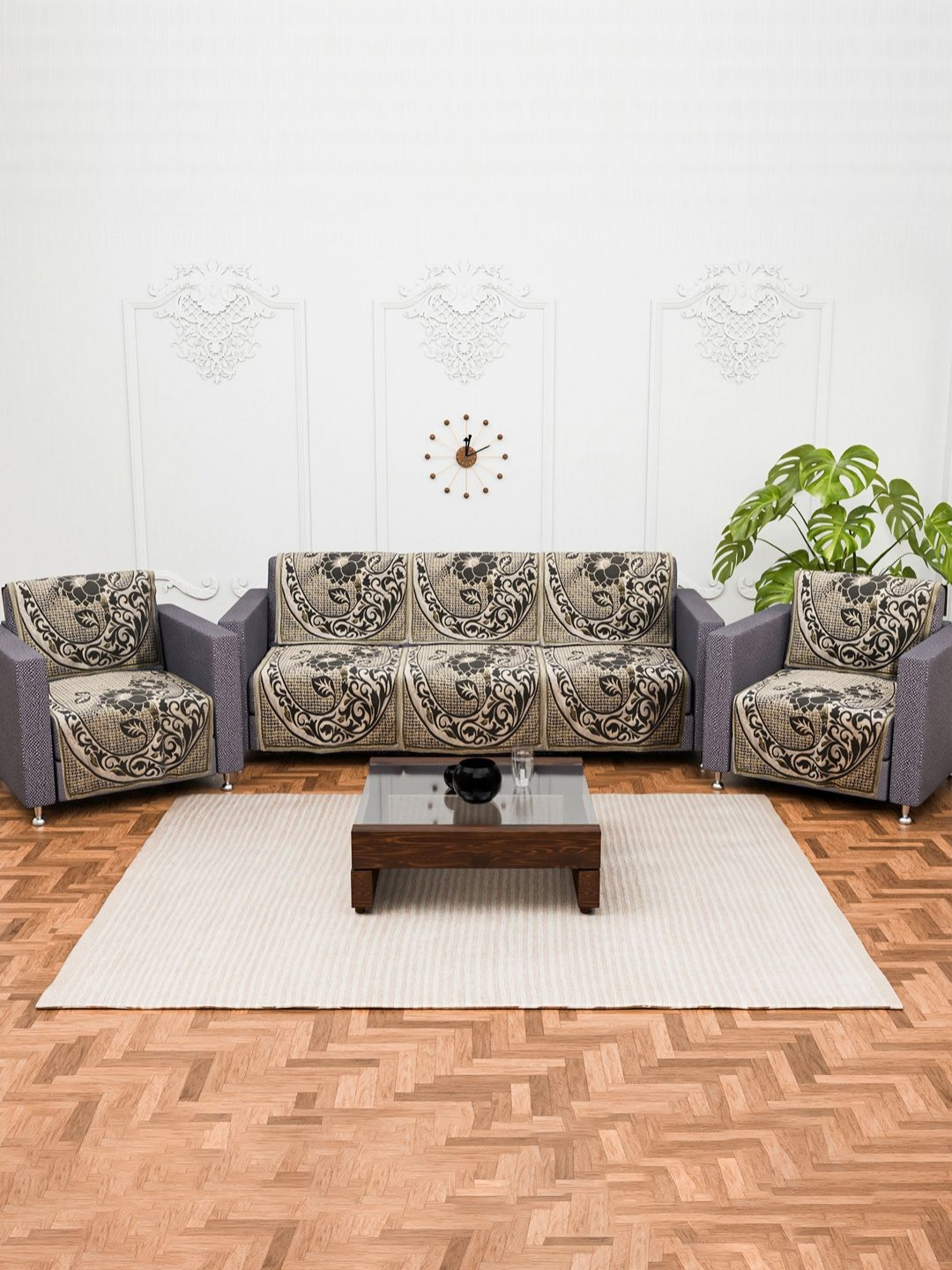 Aura Brown & Black 10 Pcs Printed 5 Seater Sofa Durable Slipcover Sofa Protector