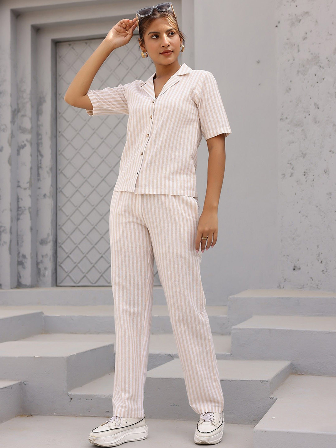 Flabae Amara Striped Short Sleeves Pure Cotton Shirt With Trouser