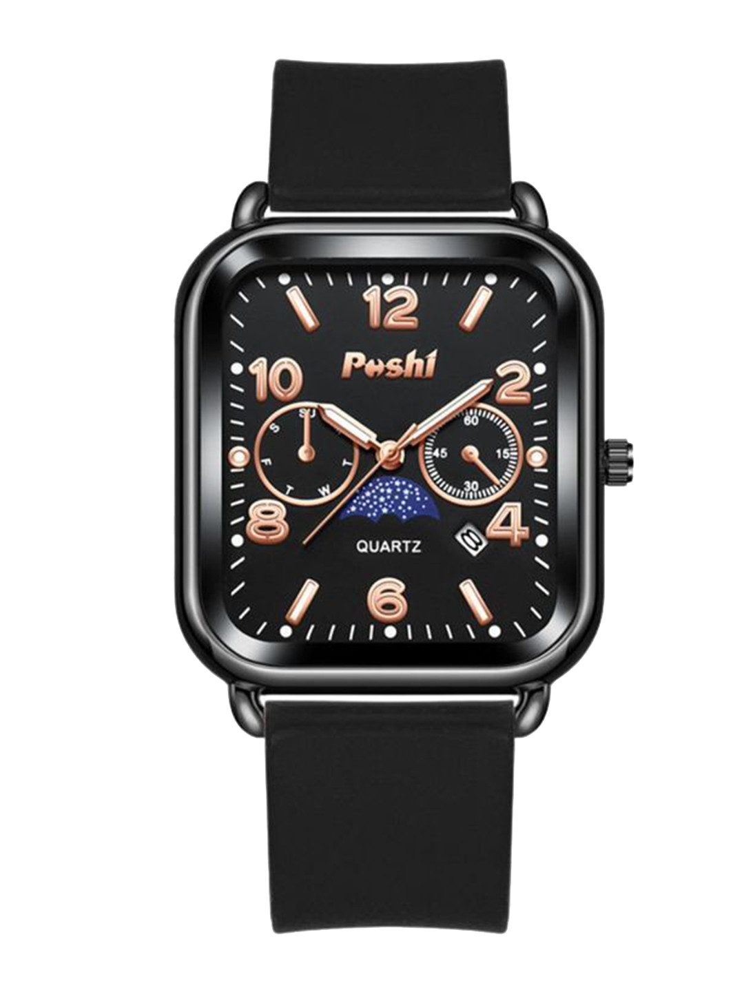 Poshi Women Square Moon Phase Silicone Strap Watch