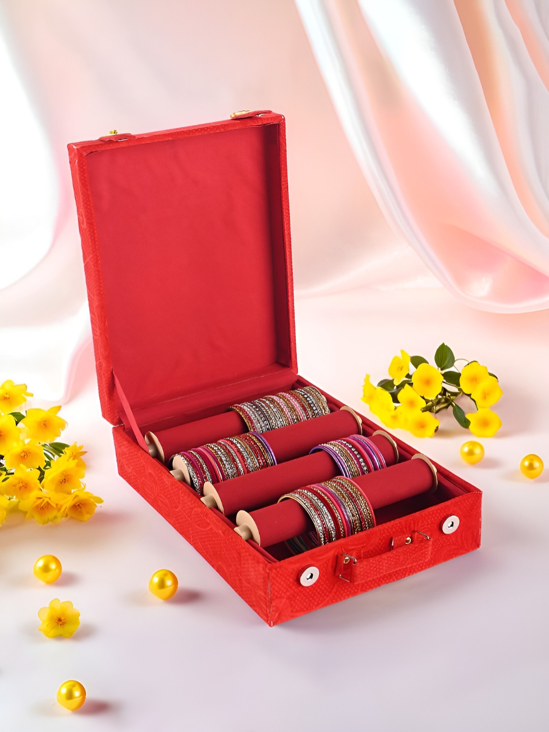 Aura Floral Print Red 4-Rod Removable Bangle Box Organisers Storage Box with Magnetic Lock