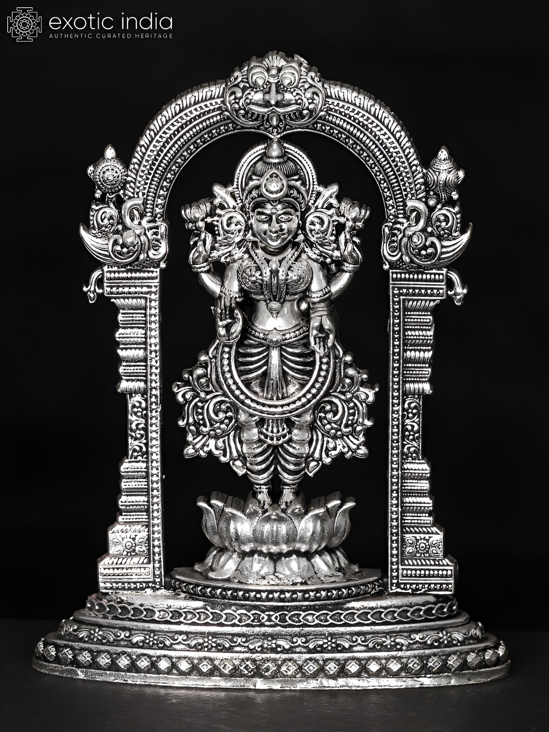 Exotic India Goddess Lakshmi Standing On Lotus with Kirtimukha Prabhavali Silver Brass Metallic Living Room Medium Showpiece - 1.2 Inches