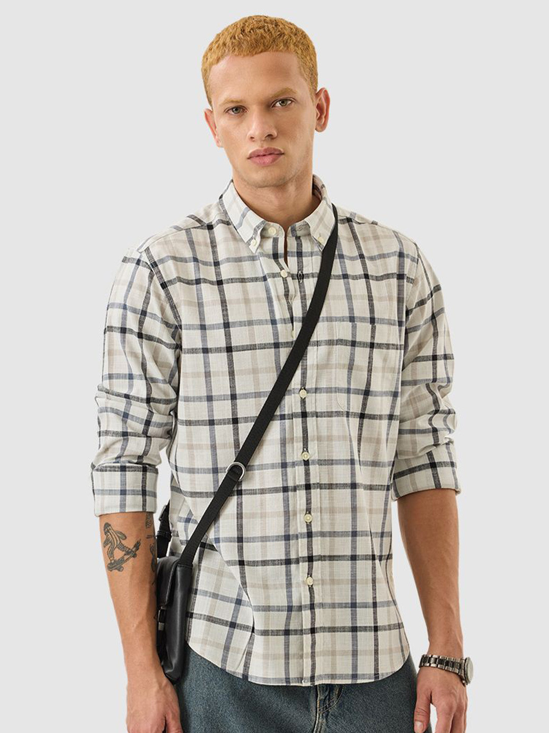 Snitch Men Off White Plaid Shirt
