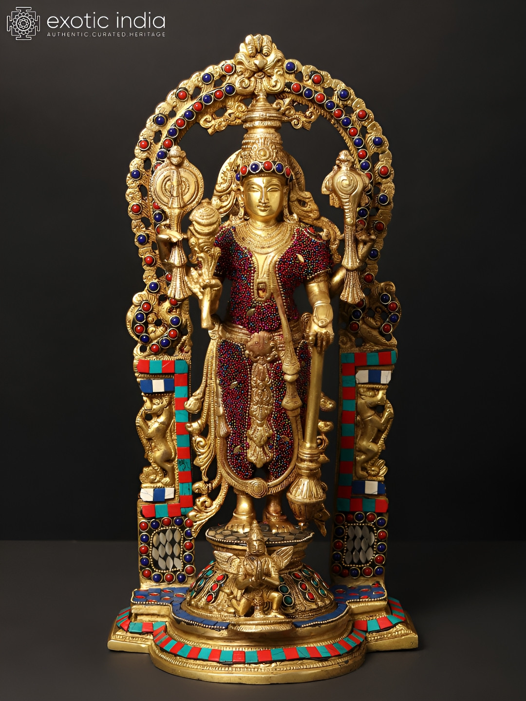 Exotic India Standing Lord Vishnu Gold Brass Metallic Prayer Room Medium Showpiece - 16 Inches