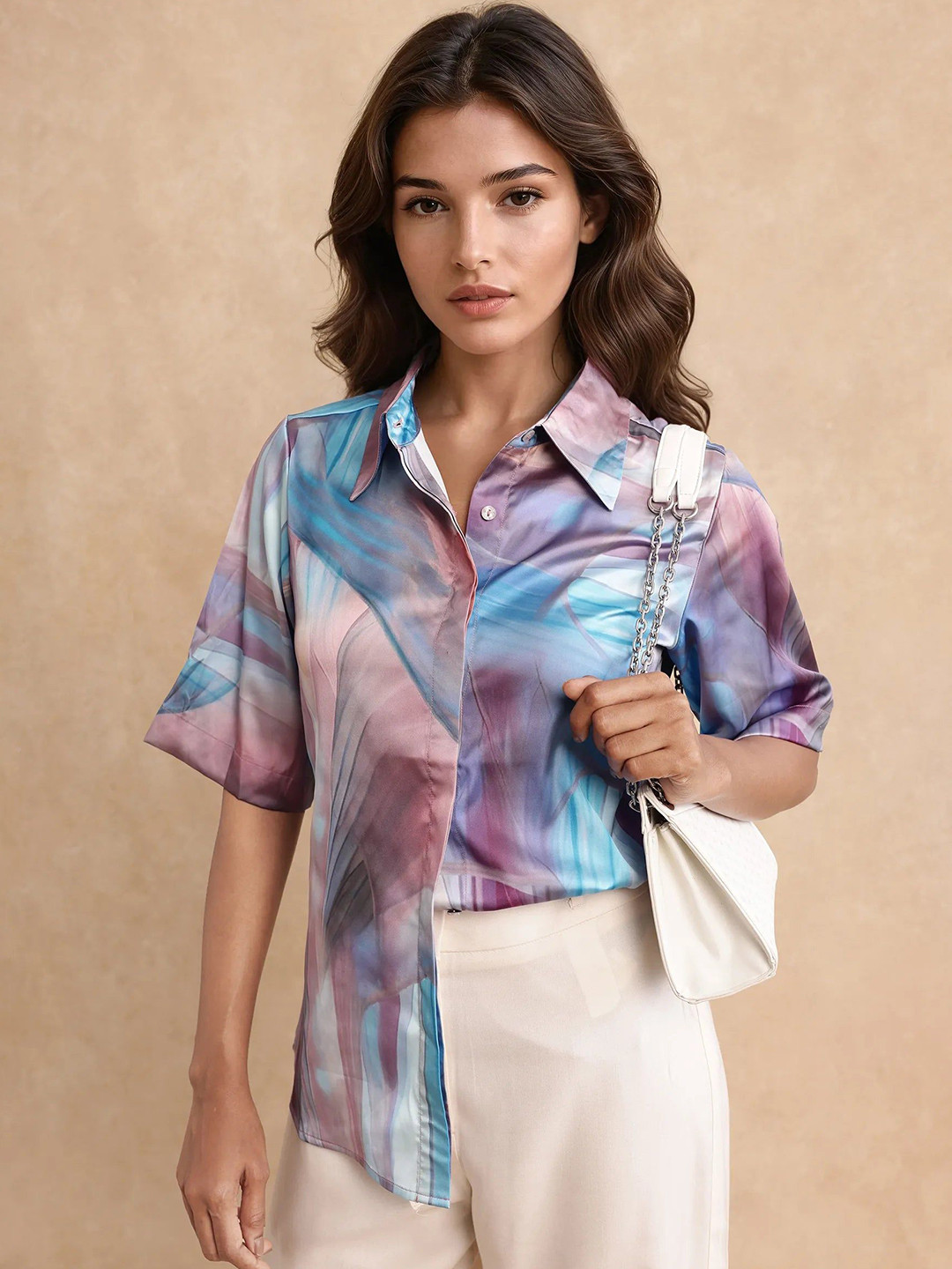 RAREISM Setimio Women Satin Relaxed Printed Spread Collar Casual Shirt