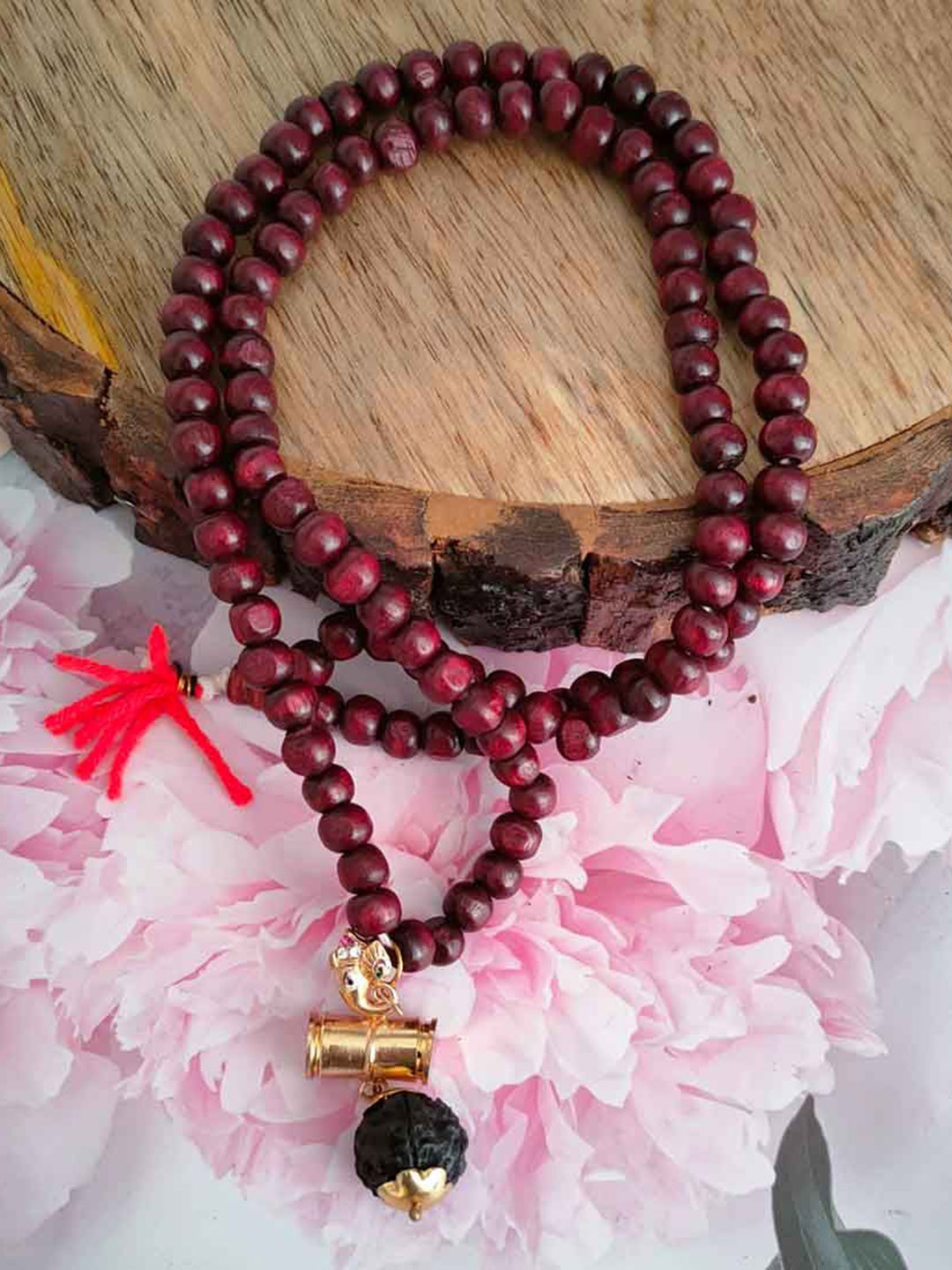 M Men Style Men Stainless Steel Gold-Plated Artificial Beaded Shiv Rudraksha Pendant Chain