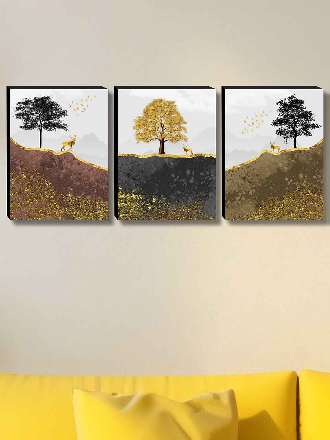 SAF Tree Wood 3 Piece Wall Rectangle Paintings Wall Art - 27 x 12 In