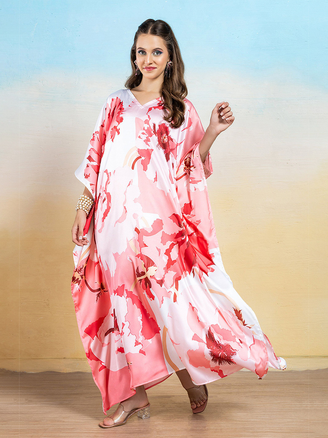 LABEL AARNA Ruby Flora Soft Satin Kaftan Dress