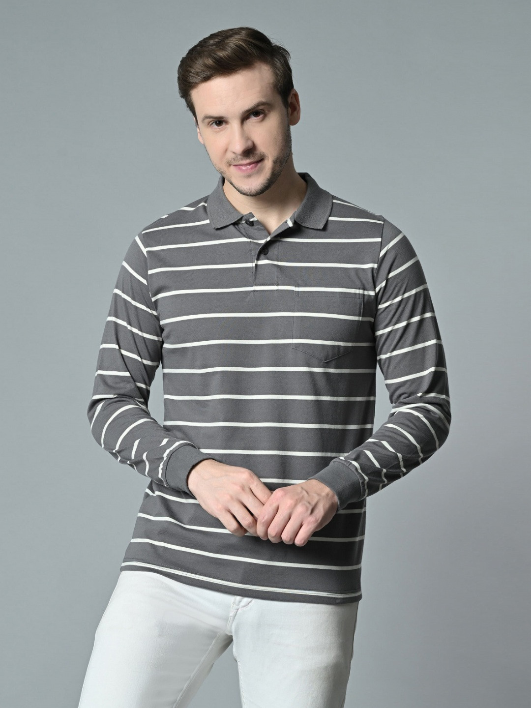 ARBOUR Men Striped Polo Collar Full Sleeves Slim Fit Tshirt with Pocket Detail