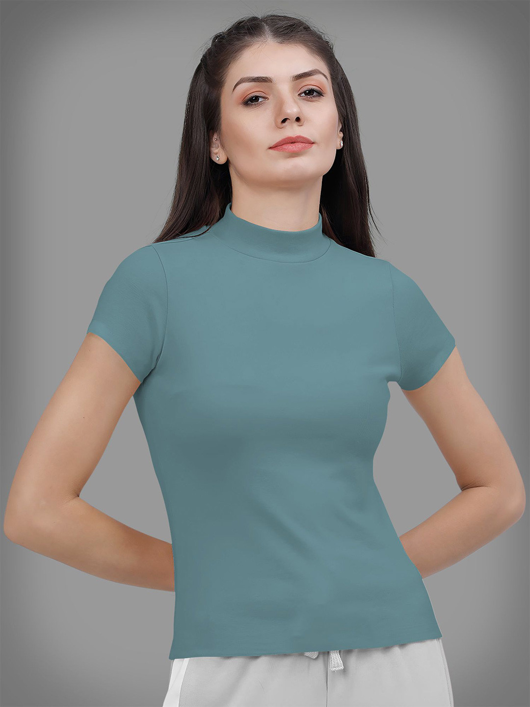 Dream Beauty Fashion Tripta Women High Neck Short Sleeves Fitted Top