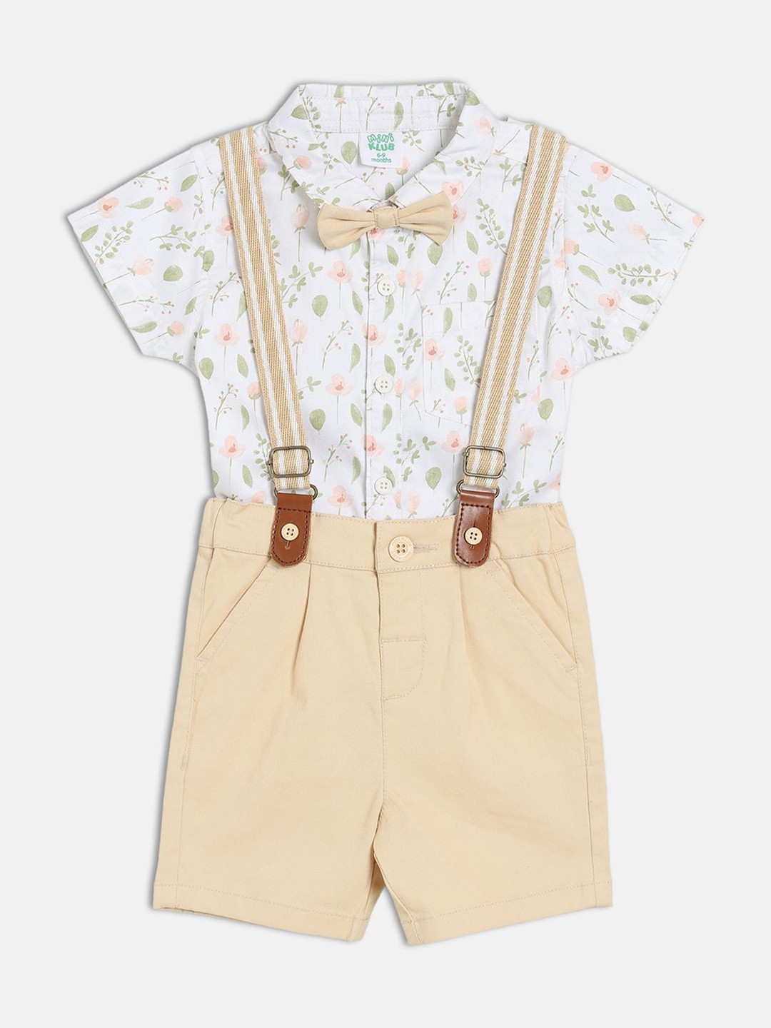 MINI KLUB Boys Floral Printed Short Sleeves Pure Cotton Shirt With Shorts & Suspenders