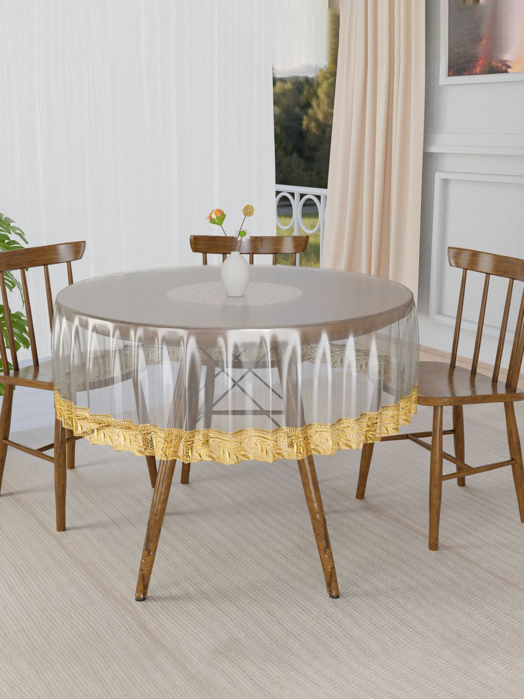 Kuber Industries Transparent & Gold-Toned Floral PVC Round 4-Seater Table Cover