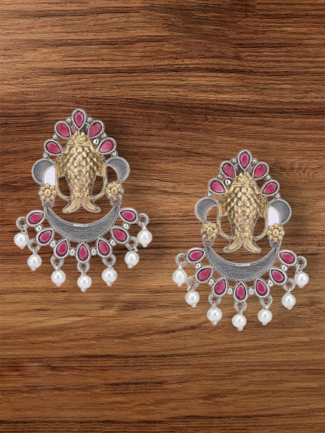 Anouk Silver-Plated Ruby Studded & Pearls Beaded Animal Shaped Drop Earrings