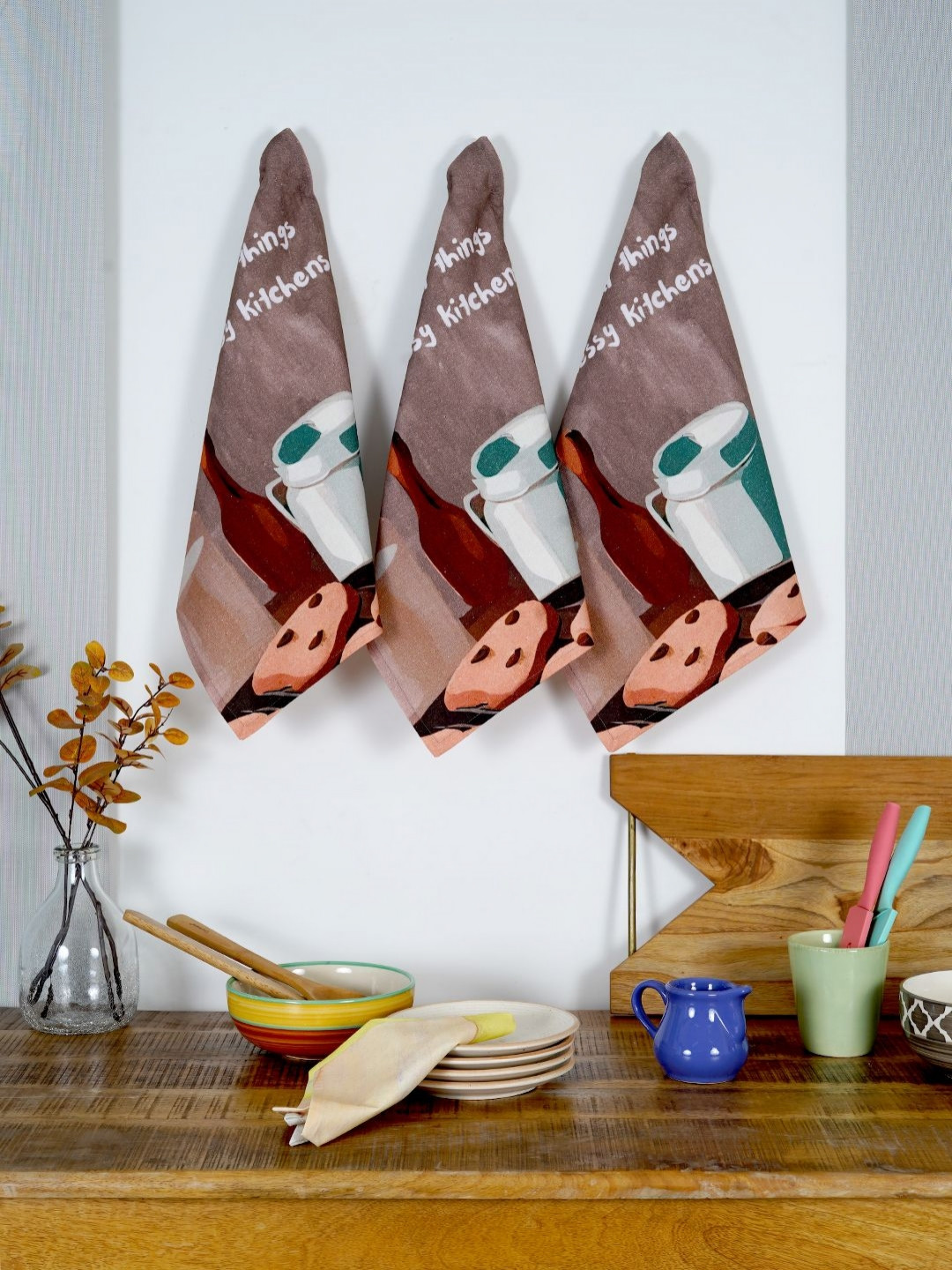 Ratan Cart 3-Pcs Brown & White Printed KitchenTowel
