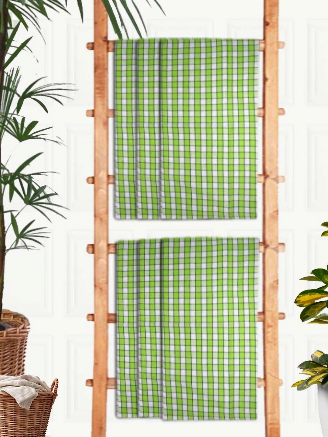 Aura Green & White 5 Pieces Printed Cotton 210 GSM Waffle Ultra Absorbent Bath Towel