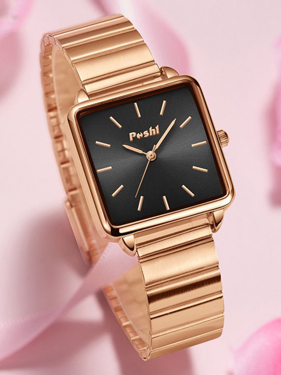 Poshi Women Square Dial Stainless Steel Quartz Wristwatch