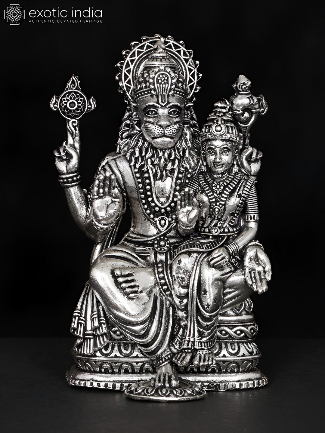 Exotic India Sitting Lord Narasimha with Devi Lakshmi Silver Brass Metallic Prayer Room Medium Showpiece - 4 Inches