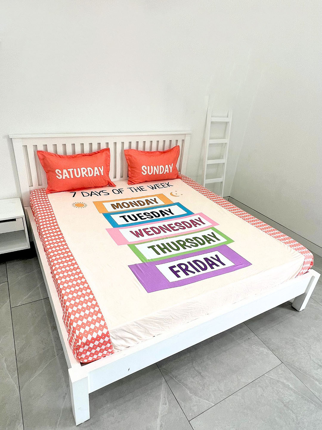 ohello White Typography Satin 260 TC King Fine Bedsheet with 2 Pillow Covers-72 x 78 inches