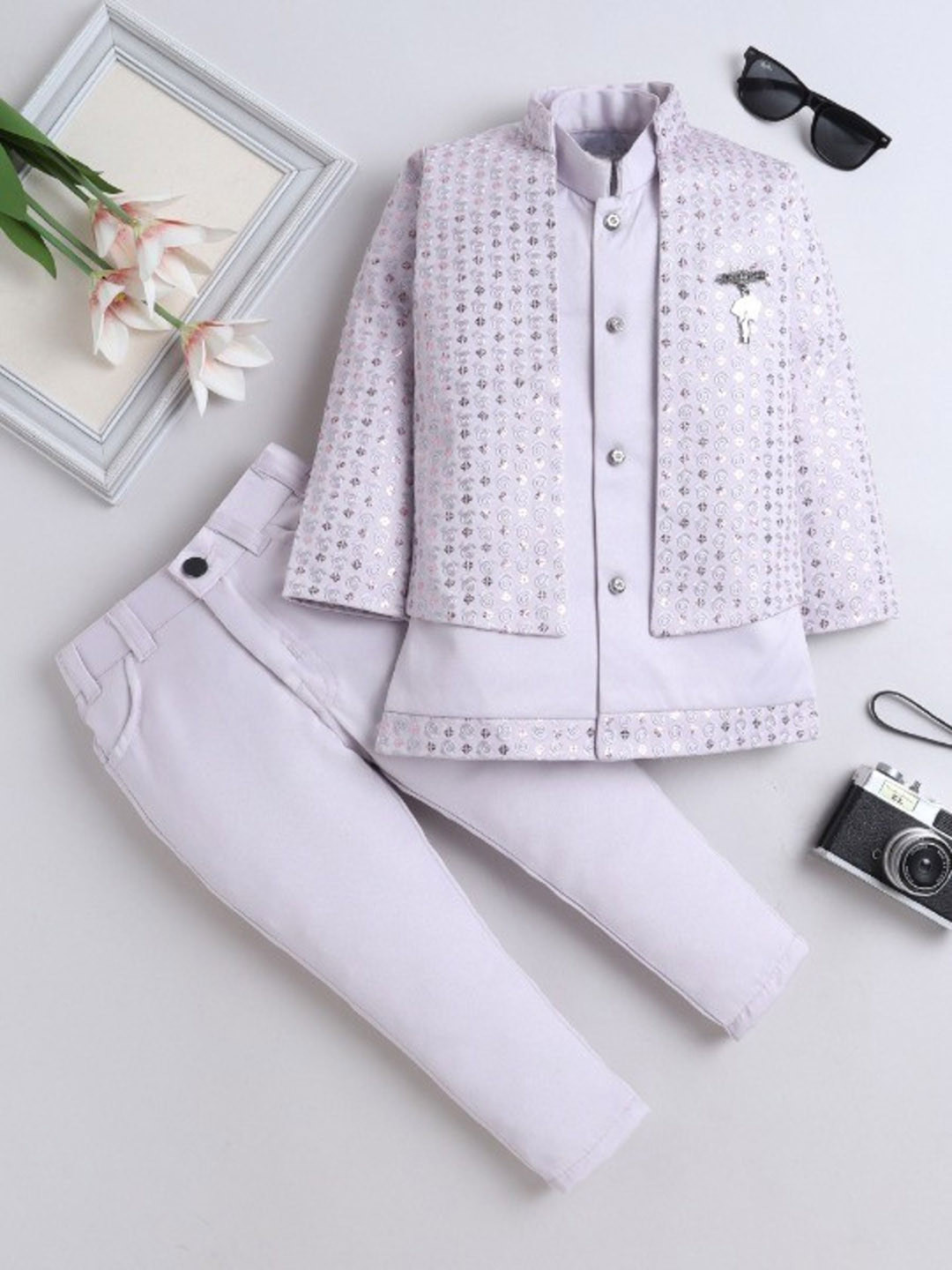 FOURFOLDS Boys Embroidered Mandarin Collar Blazer With Waistcoat & Trouser