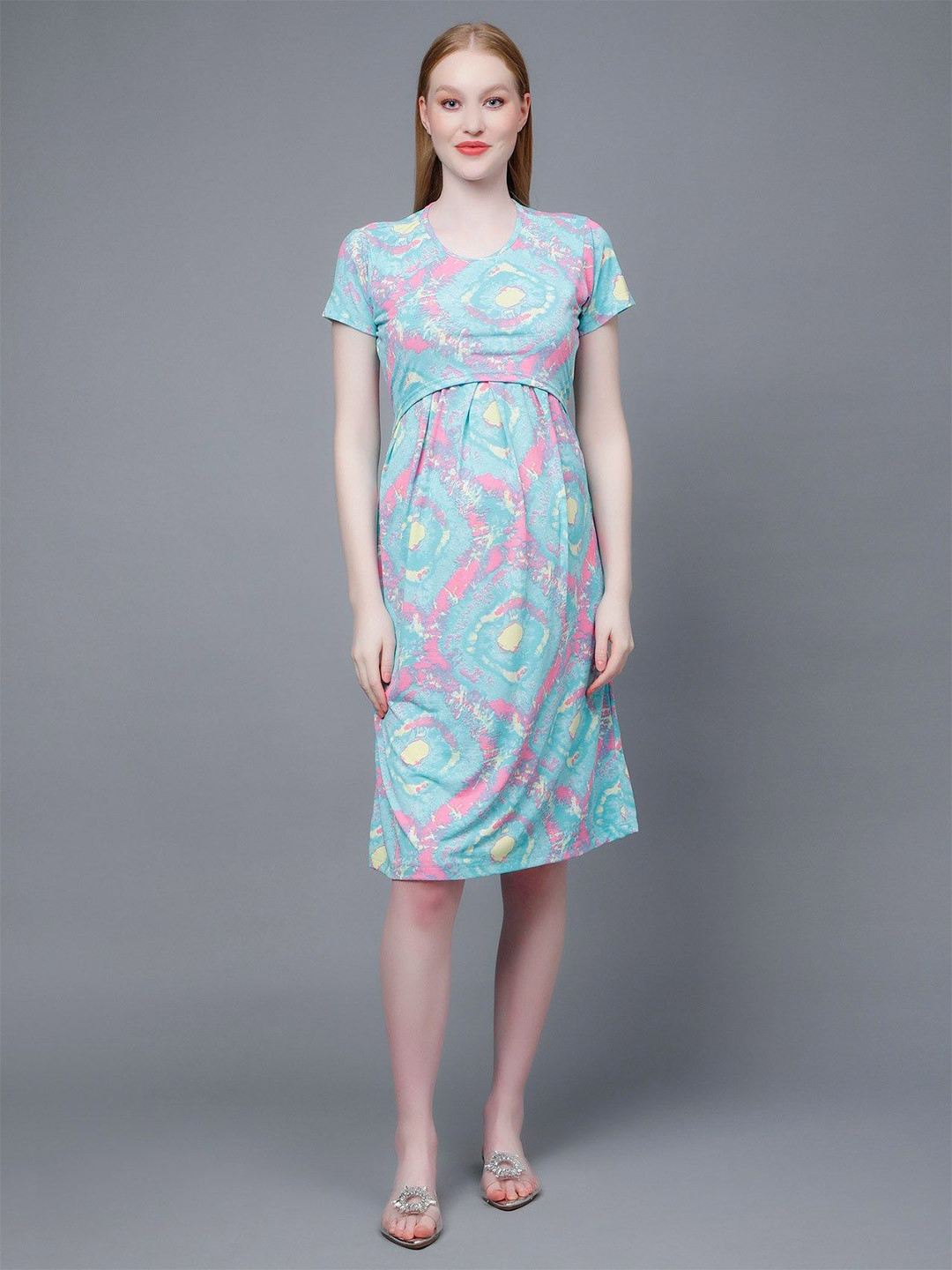 MORDEN MUSE Women Maternity Tie and Dye Printed Round Neck Fit & Flare Midi Dress