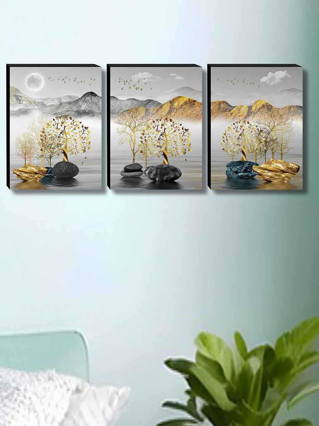SAF Grey & Gold-Toned 3 Piece Floral And Botanical Tree Wood Wall Art