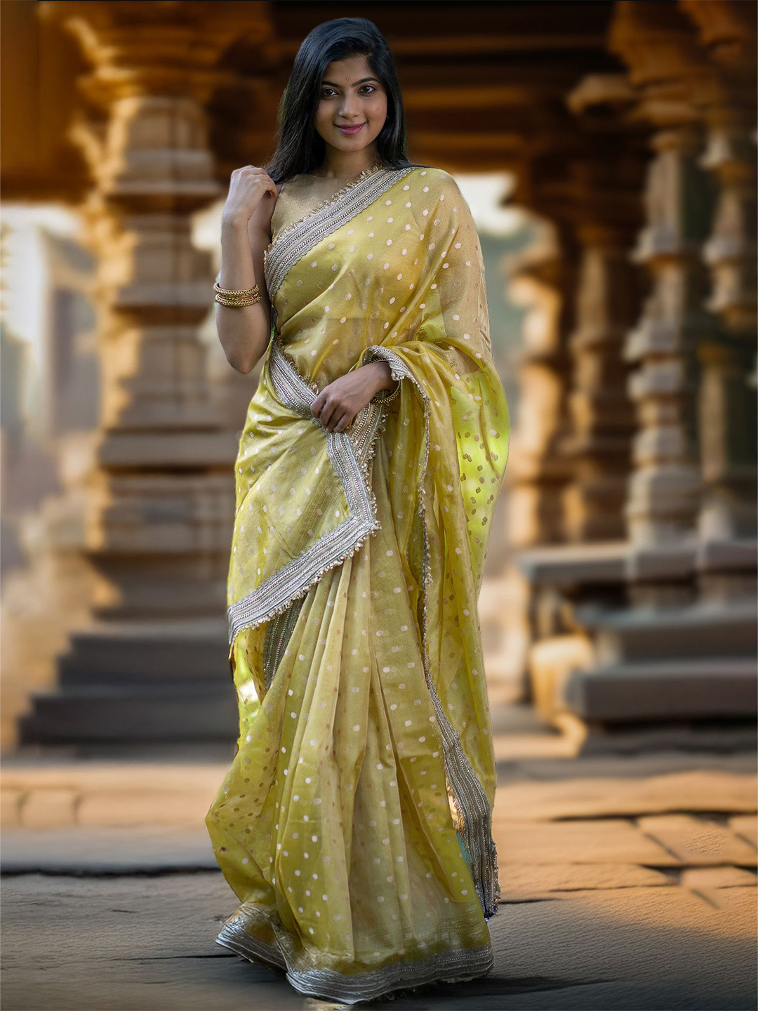 I LOVE SAREES I Love Sarees Yellow Tissue Banarasi Saree with Sequin Lace Border