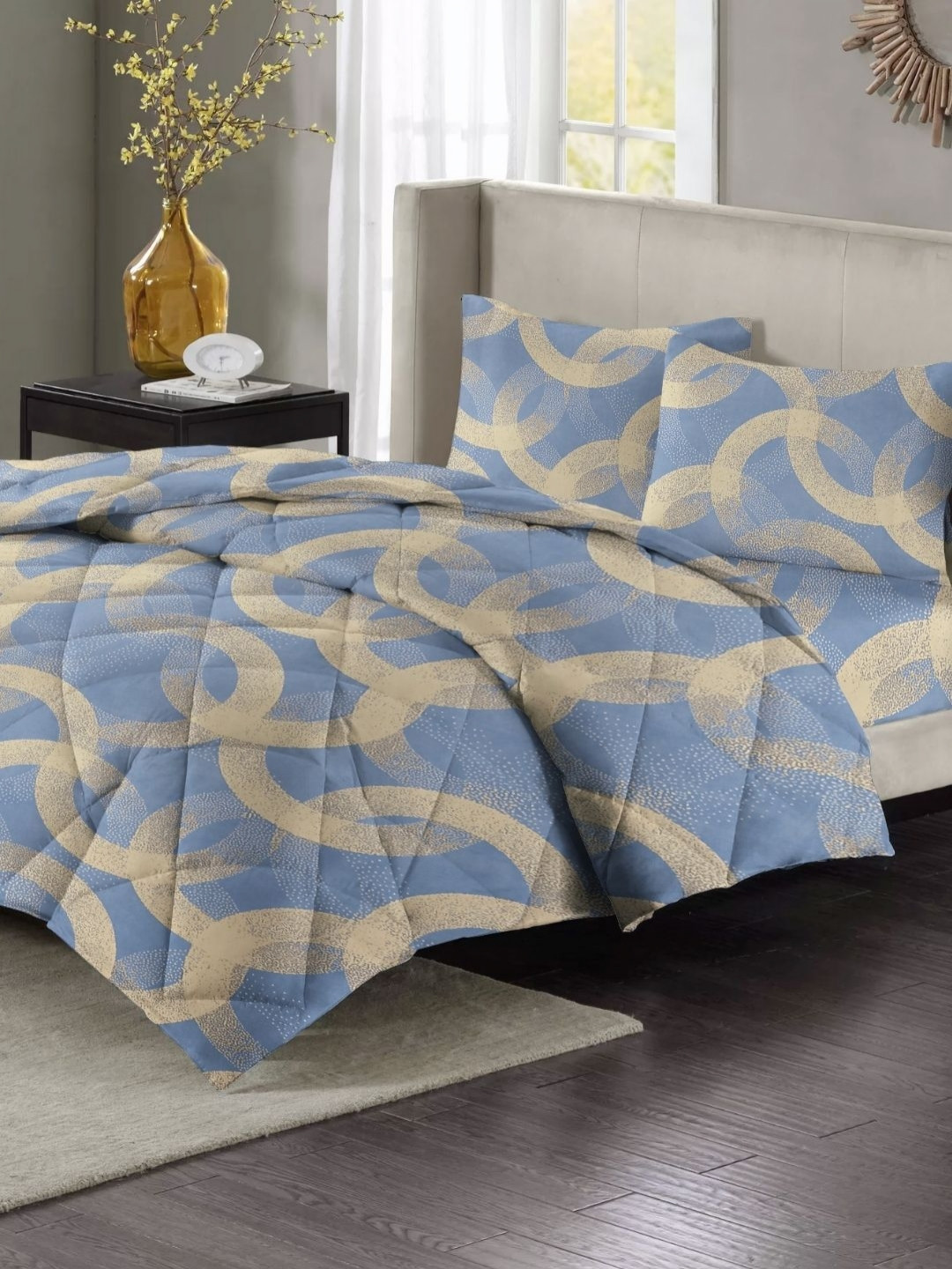 VAS COLLECTIONS Grey & Gold-Toned Geometric Polycotton 4 Piece Double Extra Large Superfine Bedding Set