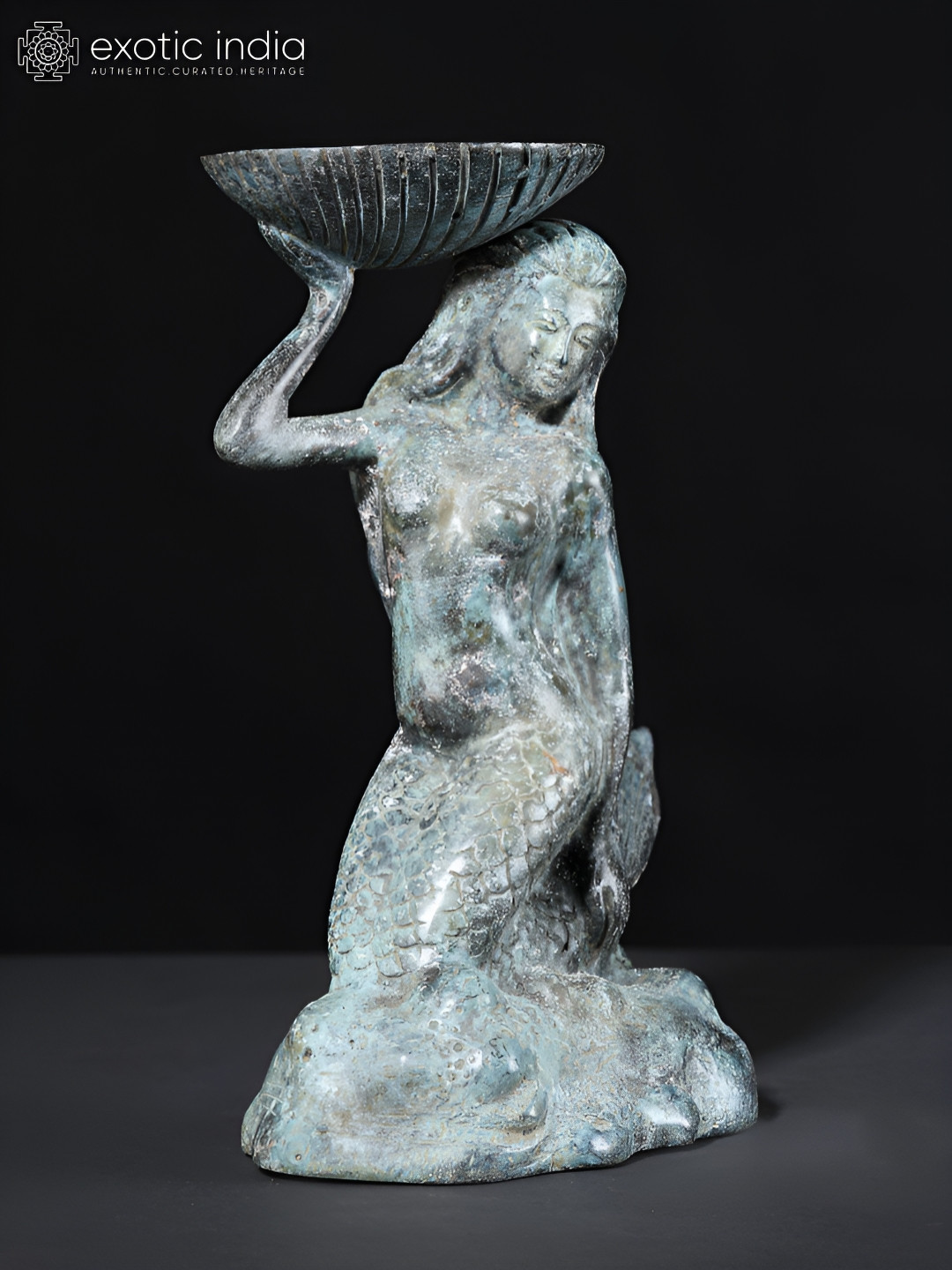 Exotic India Mermaid with Tealight Holder Sea Green Brass Metallic Living Room Medium Showpiece - 3.5 Inches