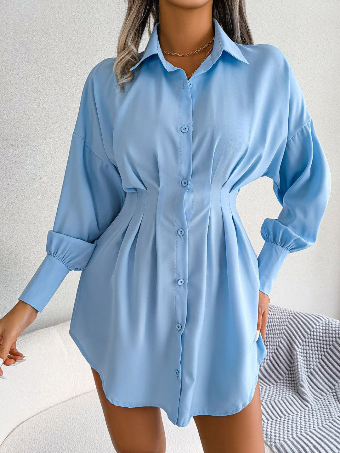 Outzidr Blue Sinched Waist Shirt Dress