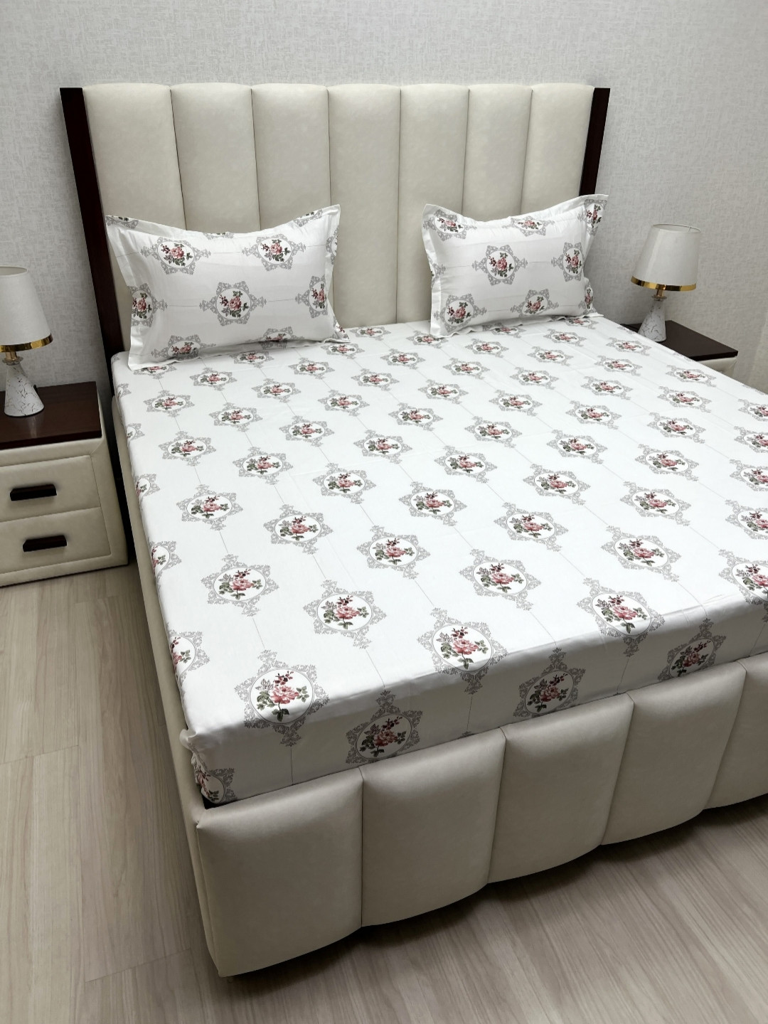 Pure Decor Royal Passion White Floral Cotton 400 TC Queen Superfine Bedsheet with 2 Pillow Covers-90 x 100 inches