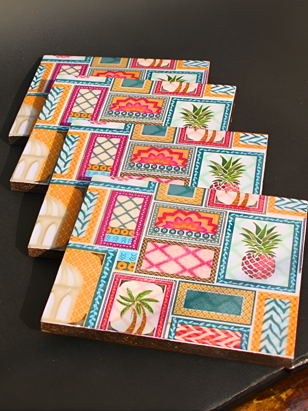 Ekaura 4 Pieces Yellow & Blue Majmua-E-khas Printed Wooden Coasters