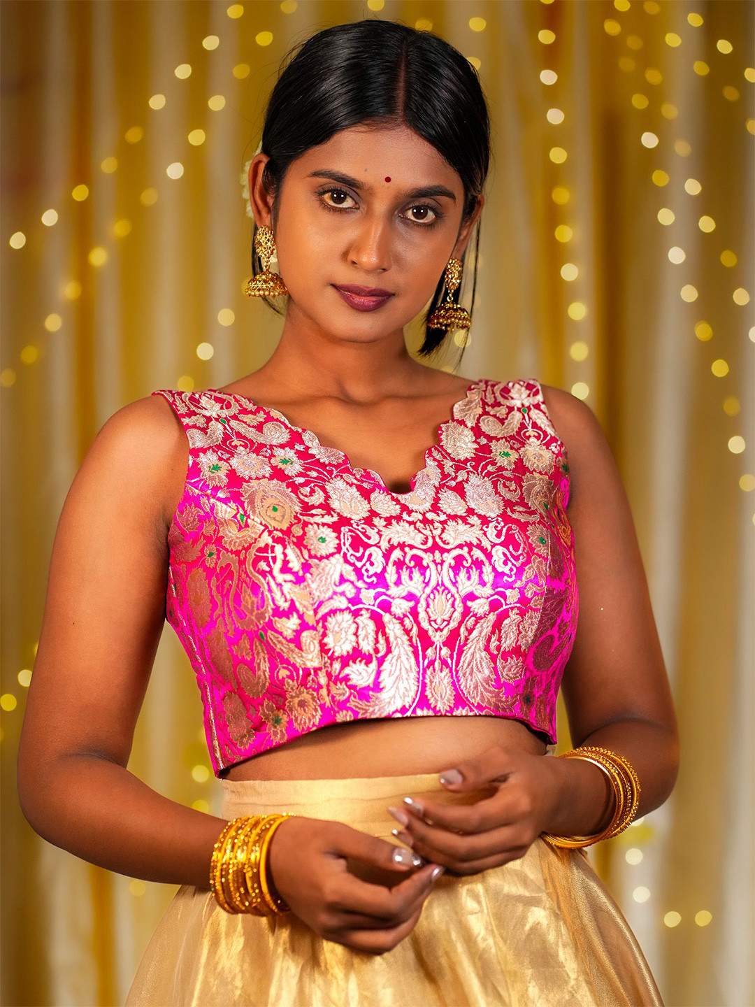 I LOVE SAREES Pink Scallop V-neck Banarasi Blouse