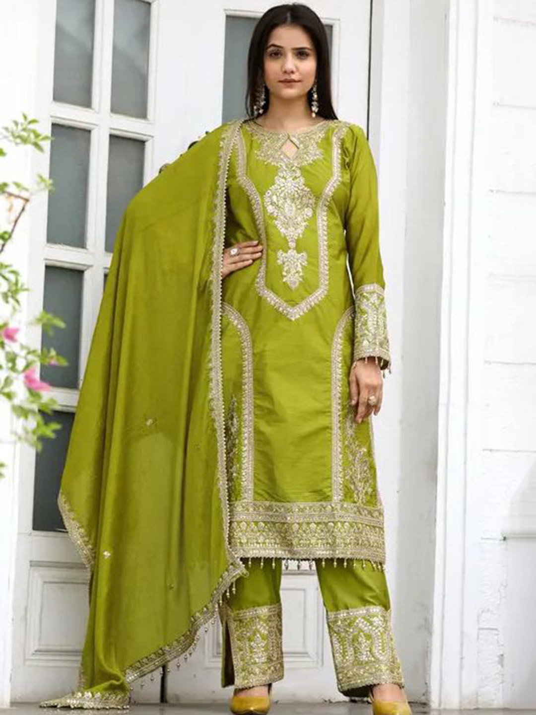 KALINI Floral Embroidered Chinon Keyhole Neck Straight Kurta with Trousers And Dupatta