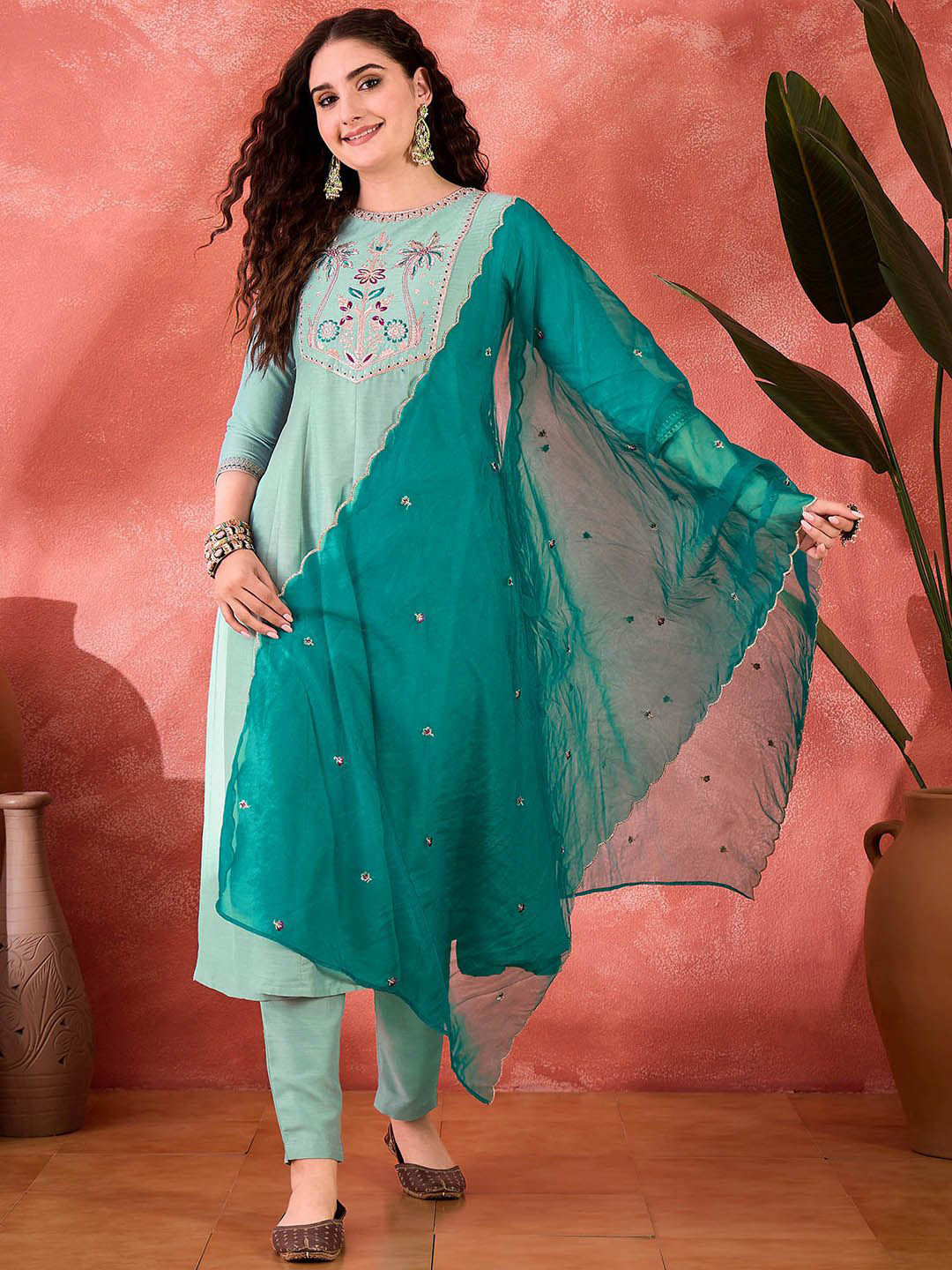 Sangria Zari Sequence Cording Embroidery Kurta With Trousers & Dupatta