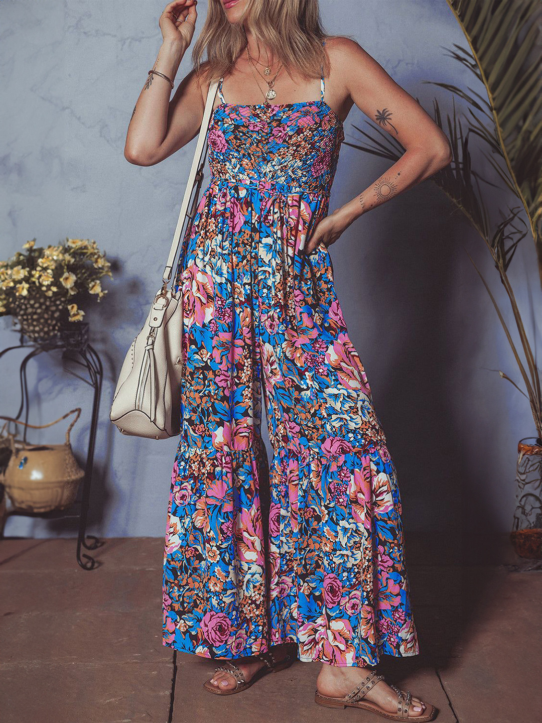 Errabelly Pink Floral Smocked Bust Spaghetti Straps Wide Leg Jumpsuit