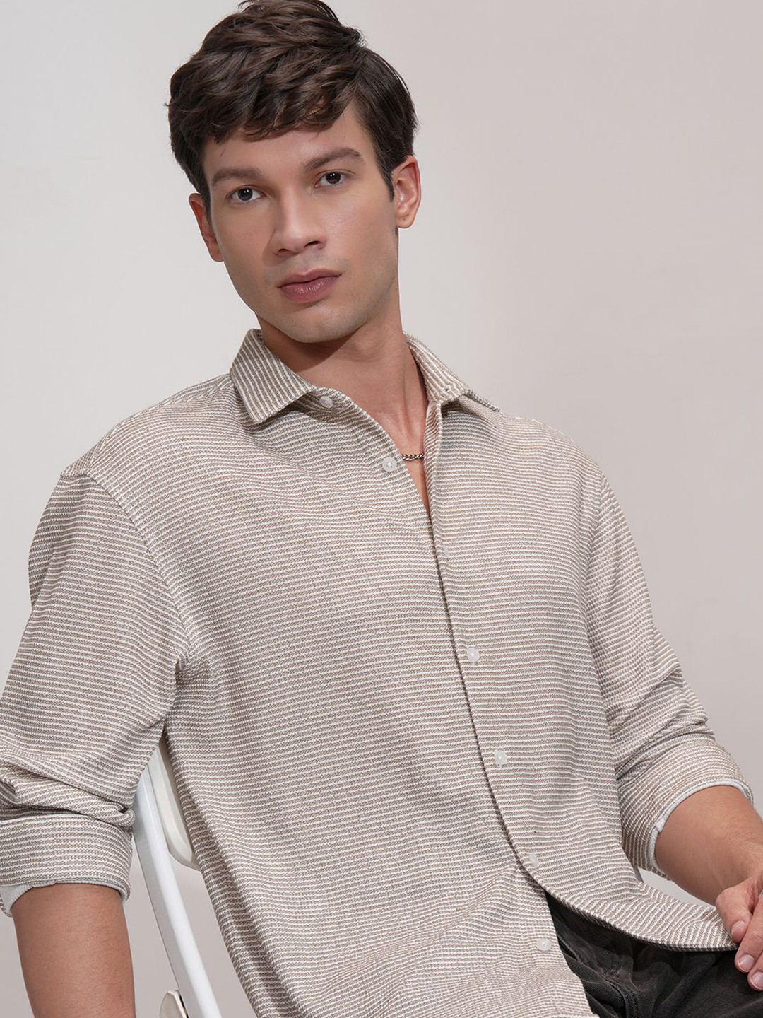 HIGHLANDER Men Comfort Stripped Interlock Relaxed Fit Full Sleeve Shirt