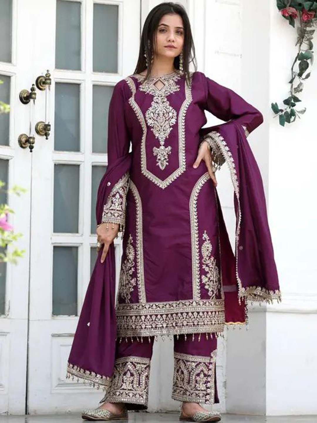 KALINI Floral Embroidered Chinon Keyhole Neck Straight Kurta with Trousers And Dupatta