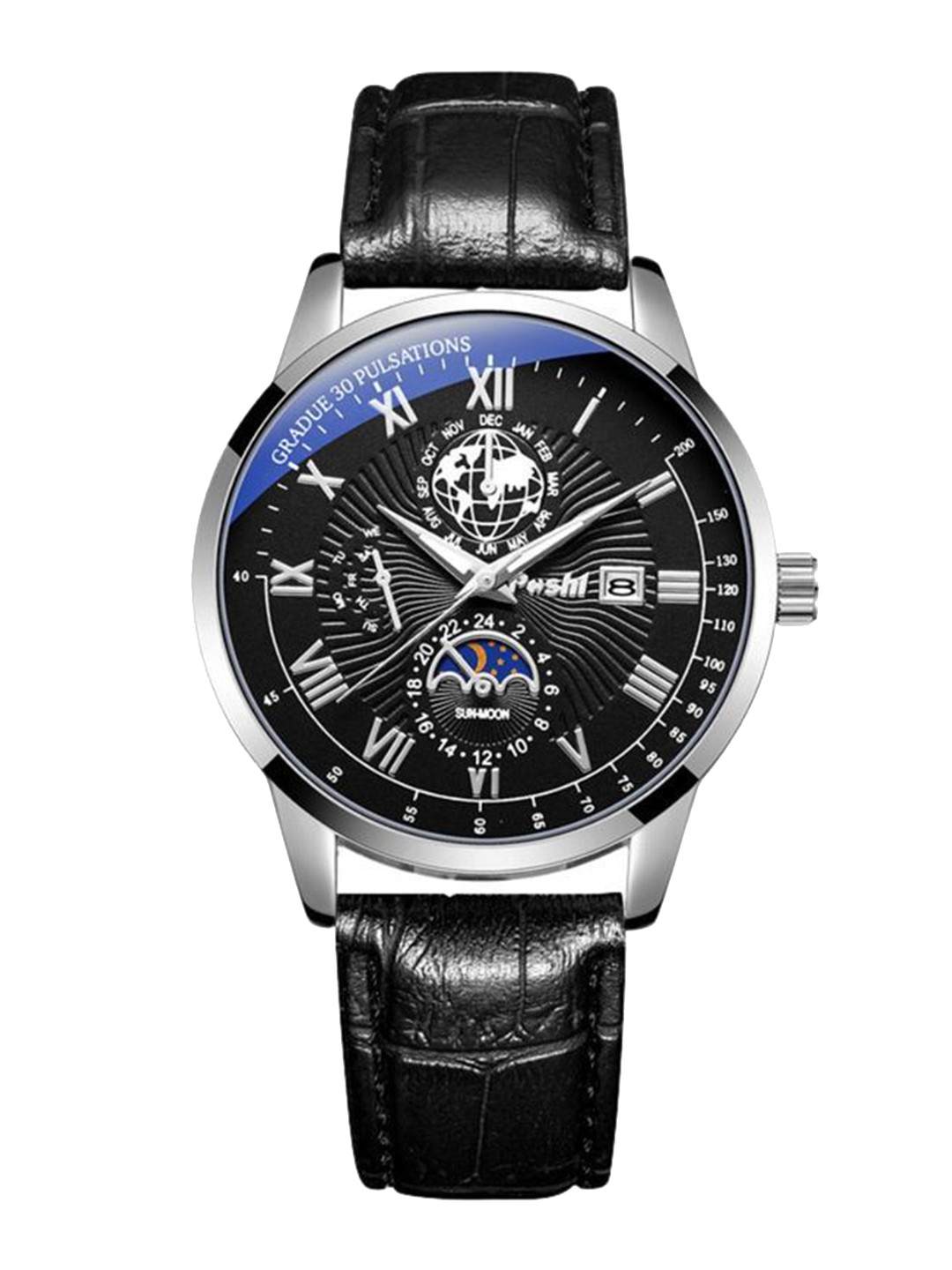 Poshi Men Round Dial Genuine Leather Strap Watch with Adjustable Clasp
