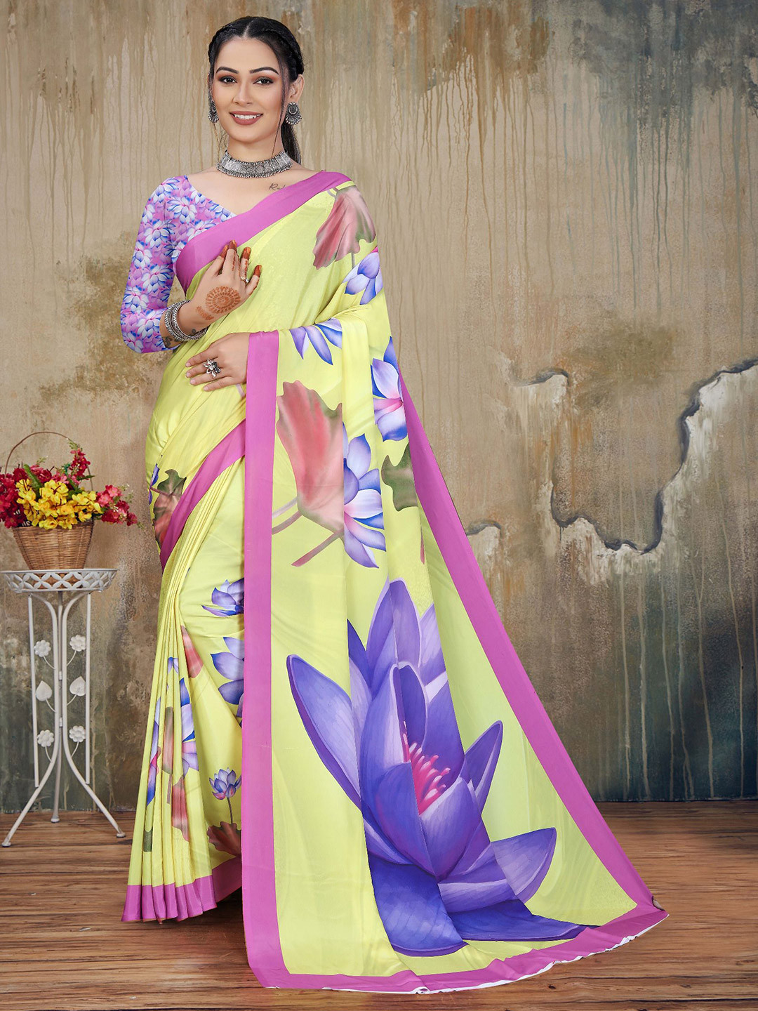 P D Silk Mills Lotus Y Floral Printed Pure Georgette Saree