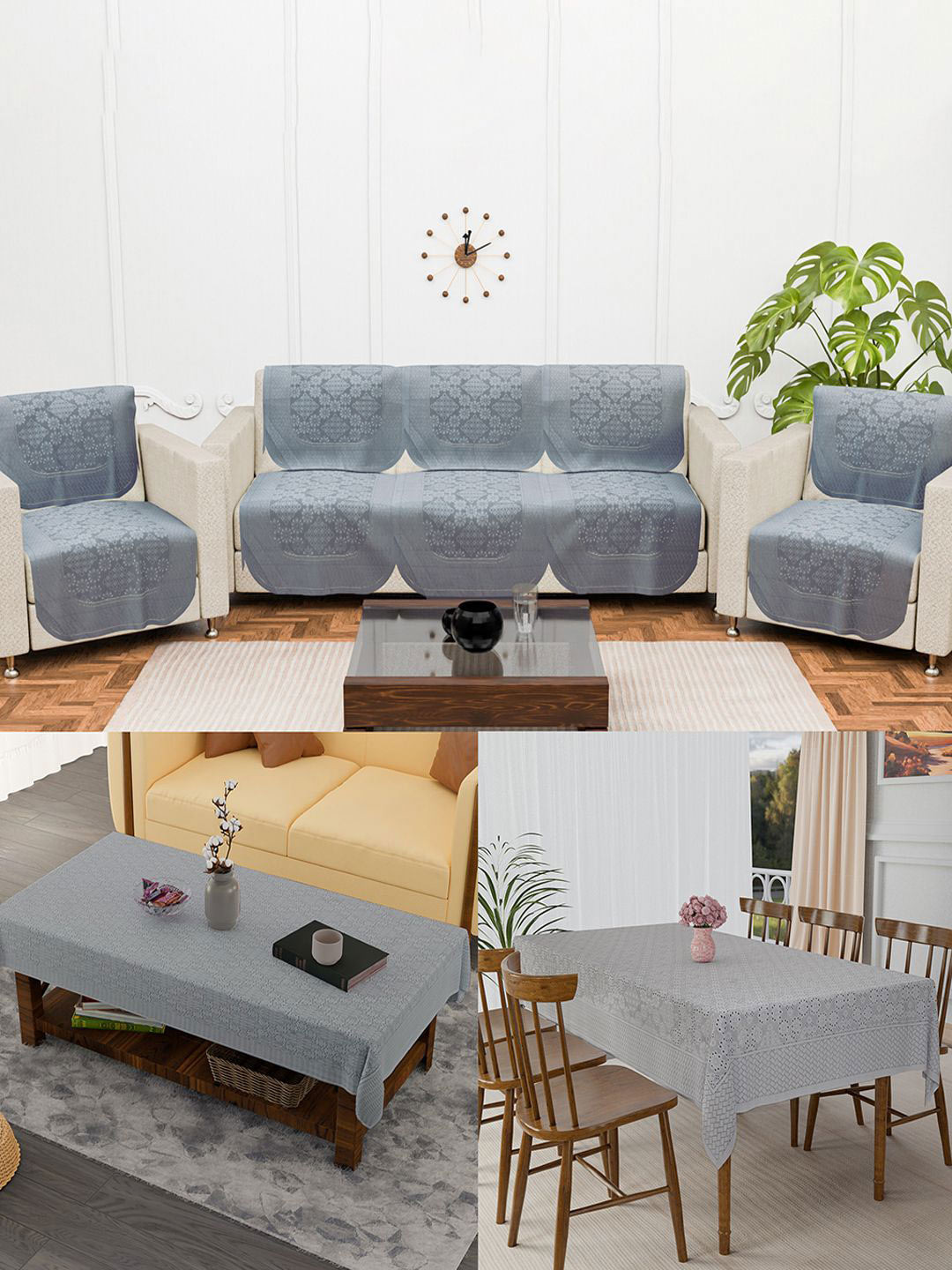 Kuber Industries Grey 12 Pieces Printed Cotton 5 Seater Sofa Cover & Dining Table Cover