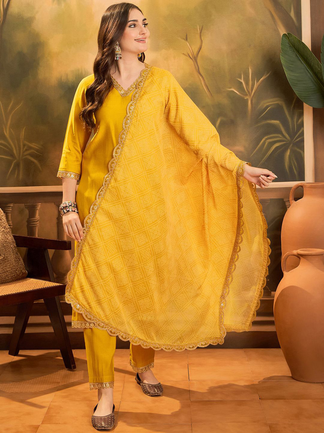 Sangria Floral Yoke Design V-Neck Sequinned Roman Silk Kurta With Trousers & Dupatta