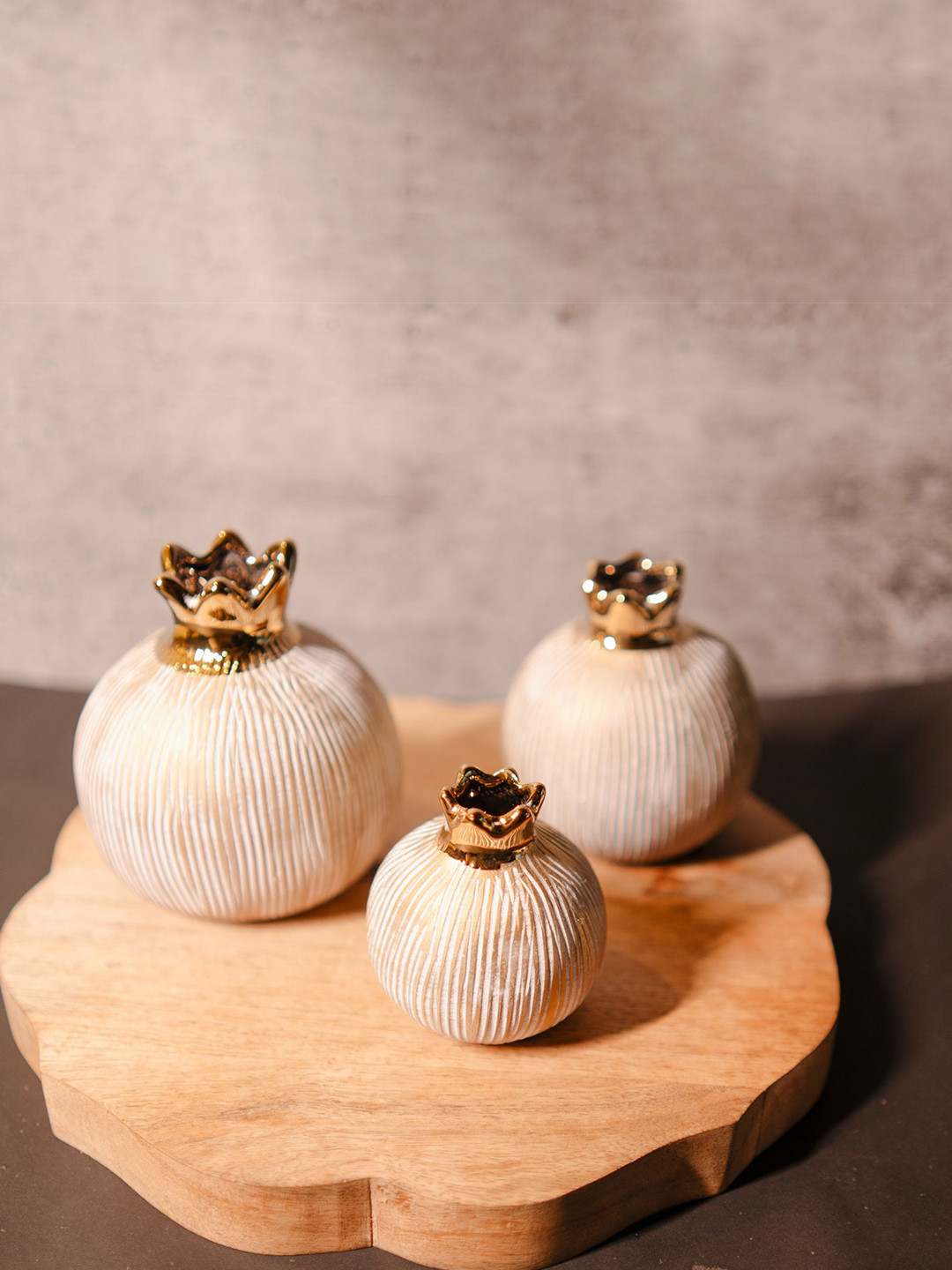 ArteCasa Pomegranate Jewel Gold Toned & Beige 3 Pieces Striped Glossy Vases