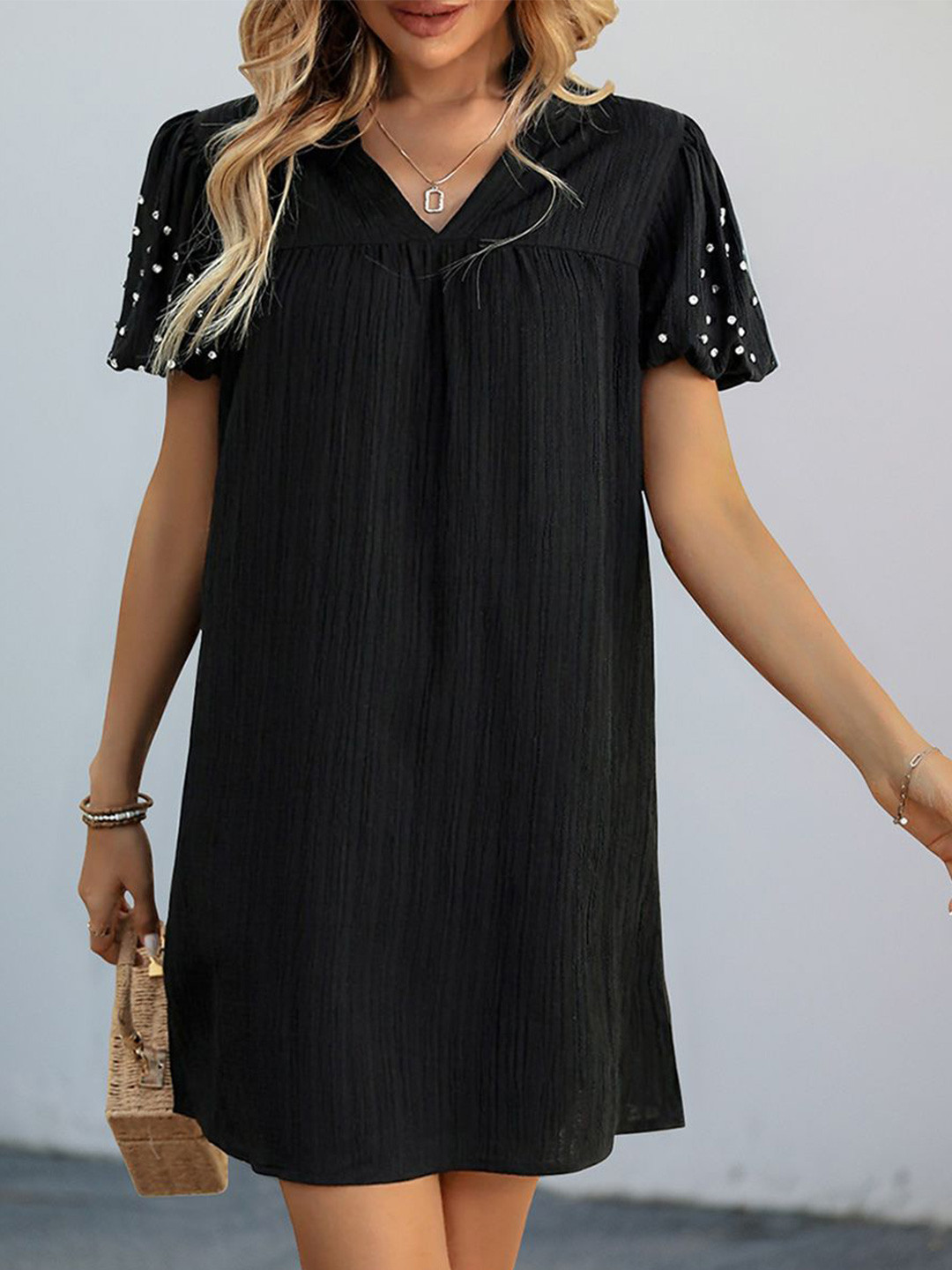 JC Mode  Women V-Neck A-Line Dress With Polka Dots In Sleeves