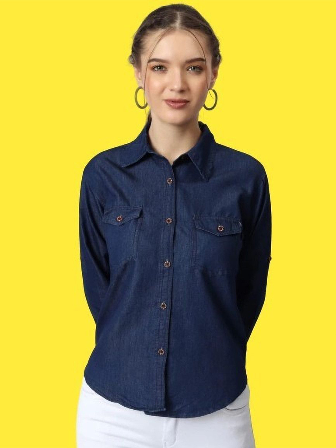 GIRLS WITH WINGS Women Denim Spread Collar  Shirt