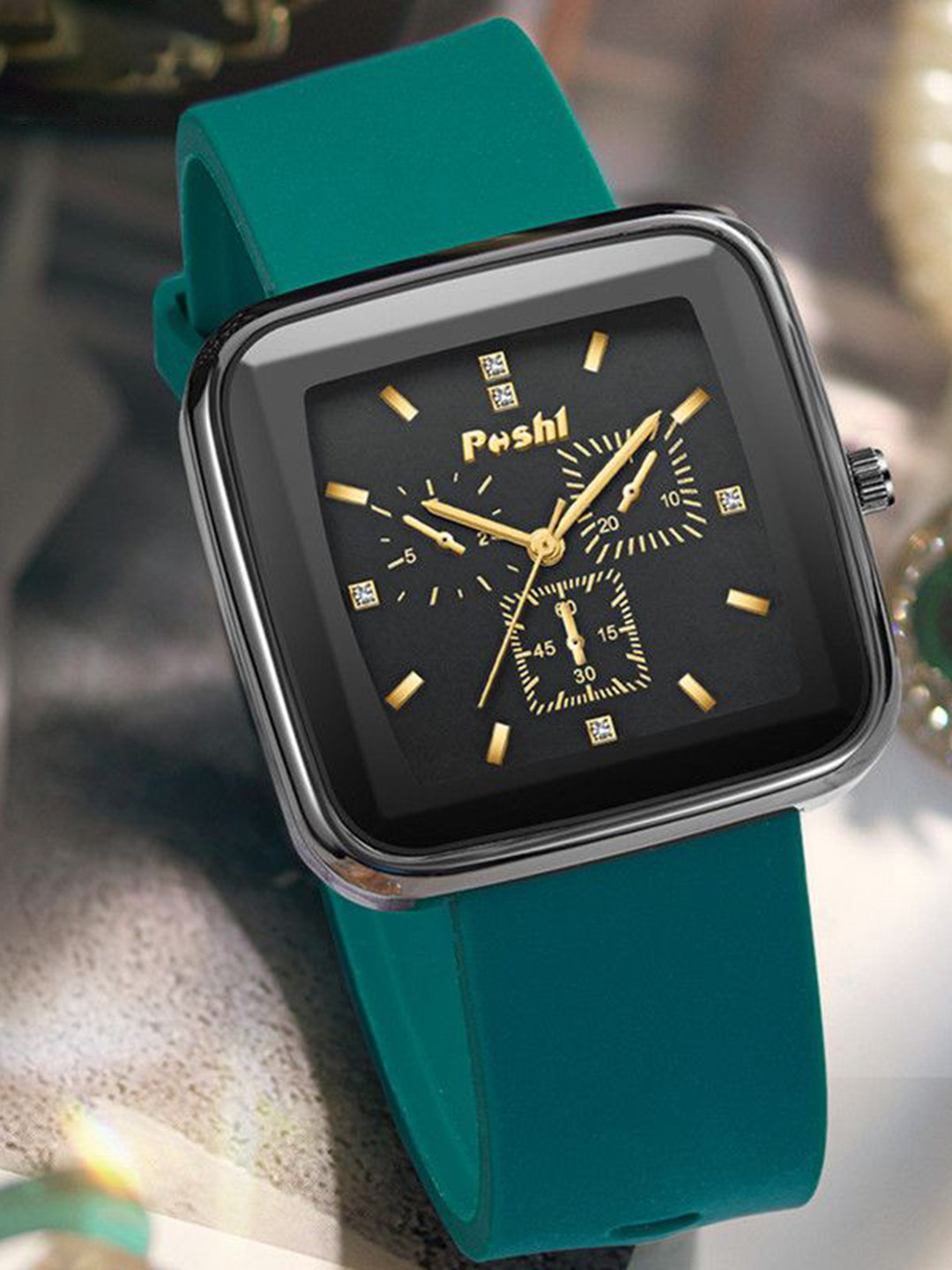 Poshi Men Square Dial Silicone Strap Watch with Adjustable Clasp