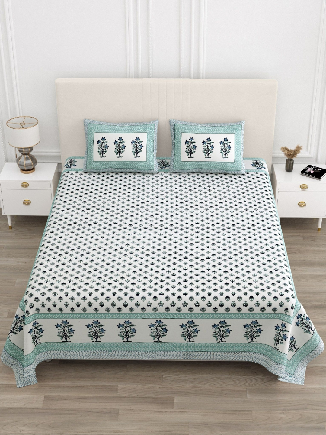 TrueYarns Export White Ethnic Motifs Cotton 210 TC King Fine Bedsheet with 2 Pillow Covers-35 x 43 inches